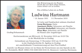 Traueranzeige von Ludwina Hartmann von merkurtz