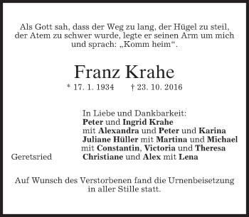 Traueranzeige von Franz Krahe von merkurtz