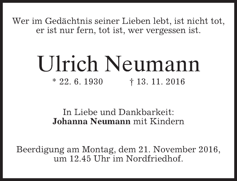  Traueranzeige für Ulrich Neumann vom 19.11.2016 aus merkurtz