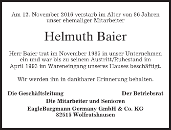 Traueranzeige von Helmuth Baier von merkurtz