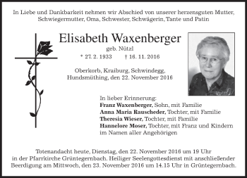 Traueranzeige von Elisabeth Waxenberger von merkurtz