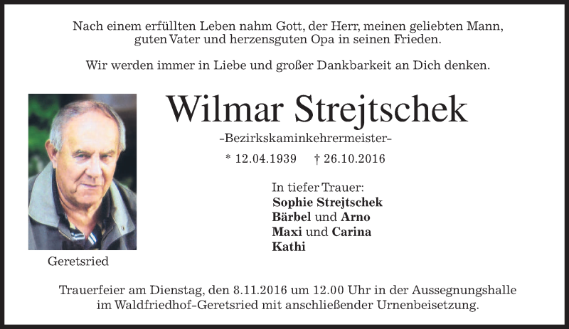  Traueranzeige für Wilmar Strejtschek vom 05.11.2016 aus merkurtz