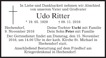 Traueranzeige von Udo Ritter von merkurtz