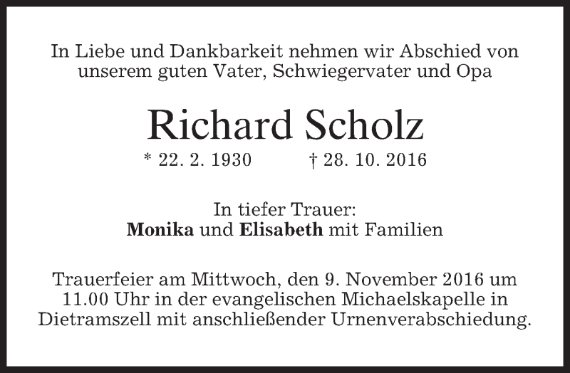  Traueranzeige für Richard Scholz vom 08.11.2016 aus merkurtz