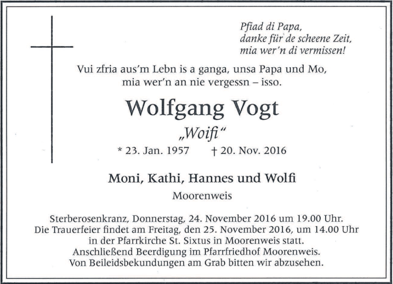  Traueranzeige für Wolfgang Vogt vom 23.11.2016 aus merkurtz