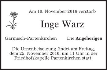 Traueranzeige von Inge Warz von merkurtz