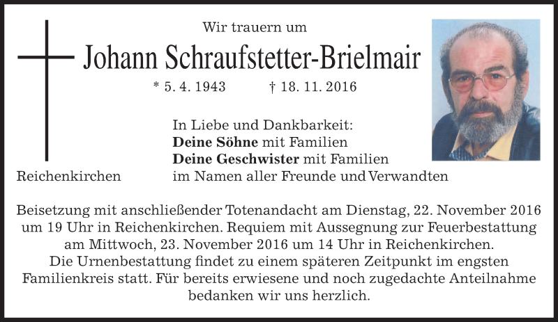  Traueranzeige für Johann Schraufstetter-Brielmair vom 21.11.2016 aus merkurtz