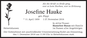 Traueranzeige von Josefine Hauke von merkurtz