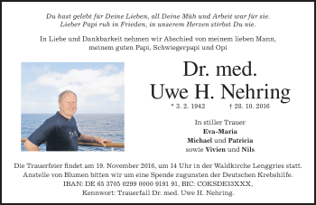 Traueranzeige von Uwe Nehring von merkurtz