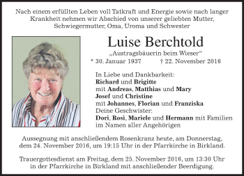 Traueranzeige von Luise Berchtold von merkurtz