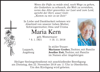 Traueranzeige von Maria Kern von merkurtz