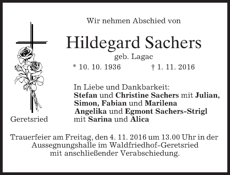  Traueranzeige für Hildegard Sachers vom 03.11.2016 aus merkurtz