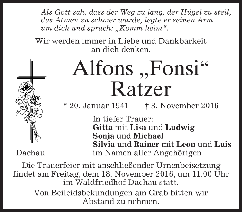  Traueranzeige für Alfons Ratzer vom 15.11.2016 aus merkurtz