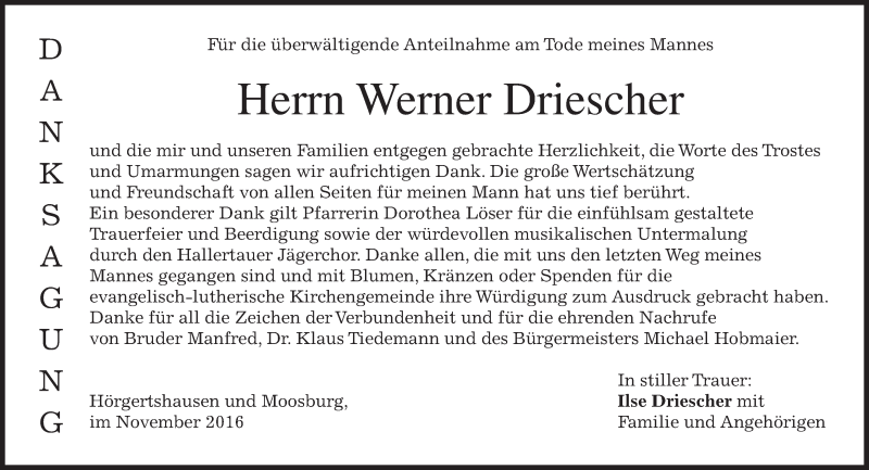  Traueranzeige für Werner Driescher vom 26.11.2016 aus merkurtz