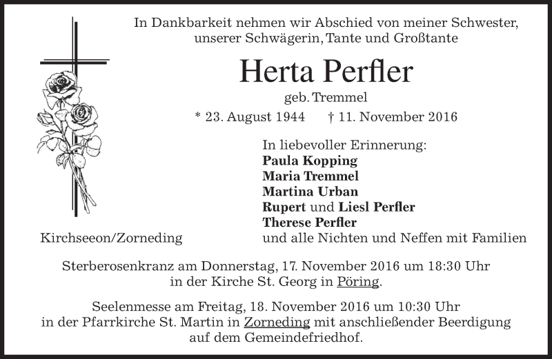  Traueranzeige für Herta Perfler vom 16.11.2016 aus merkurtz