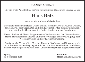 Traueranzeige von Hans Betz von merkurtz