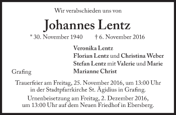 Traueranzeige von Johannes Lentz von merkurtz