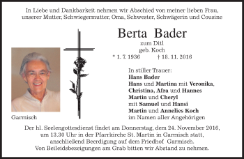 Traueranzeige von Berta Bader von merkurtz