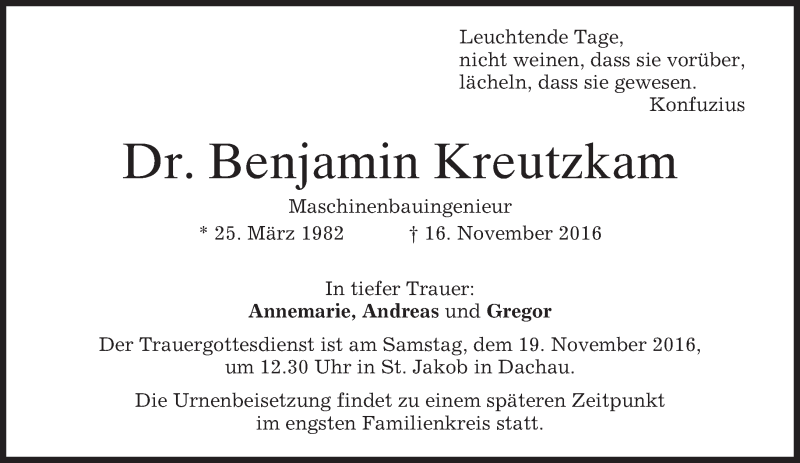  Traueranzeige für Benjamin Kreutzkam vom 17.11.2016 aus merkurtz