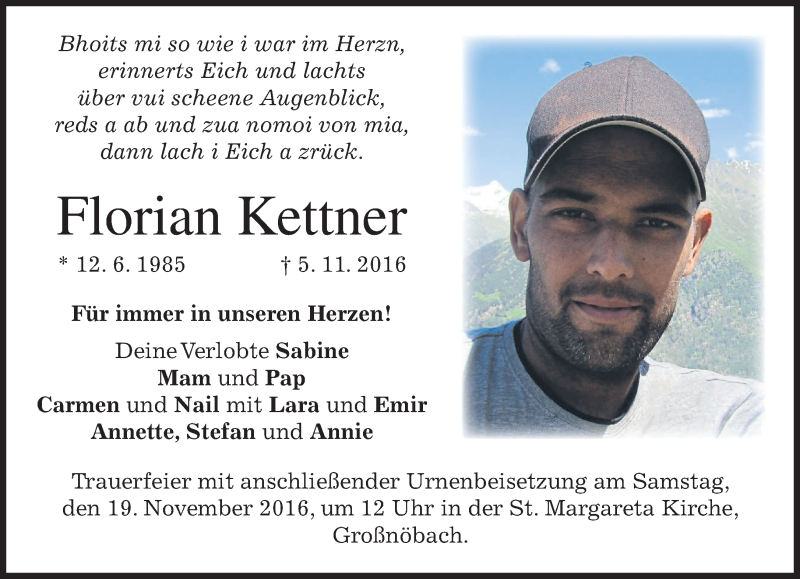  Traueranzeige für Florian Kettner vom 12.11.2016 aus merkurtz