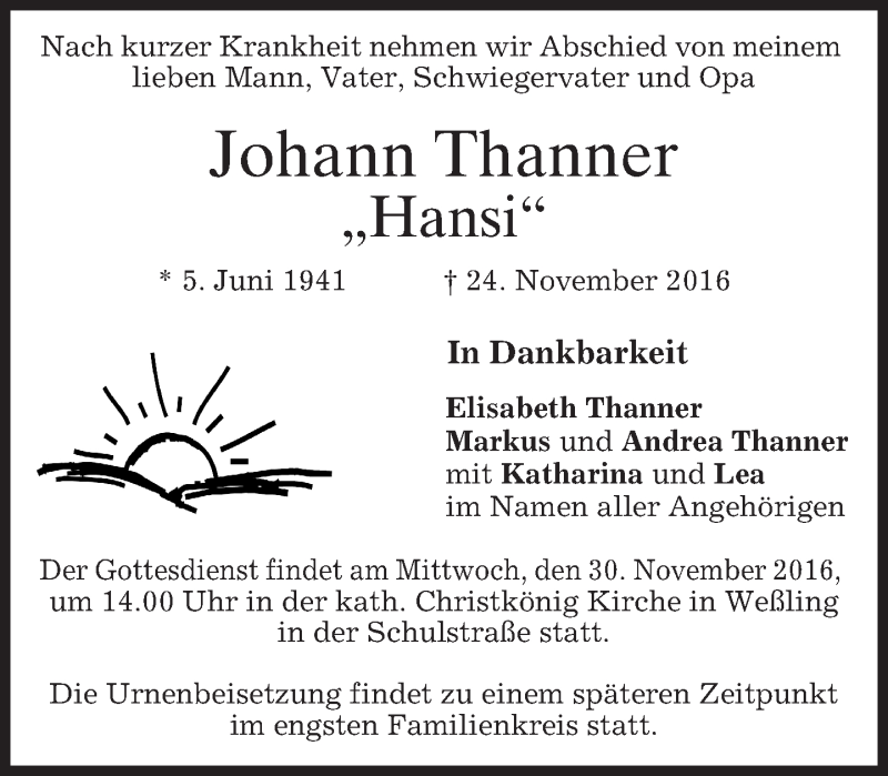 Traueranzeige für Johann Thanner vom 26.11.2016 aus merkurtz