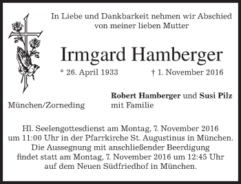 Traueranzeige von Irmgard Hamberger von merkurtz