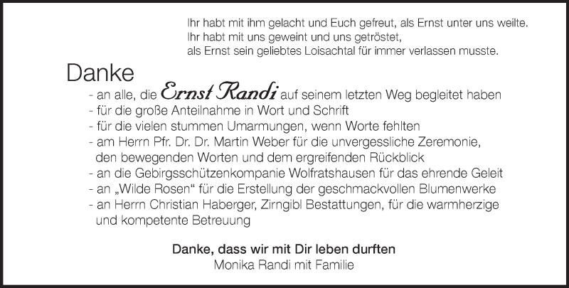  Traueranzeige für Ernst Randi vom 26.11.2016 aus merkurtz