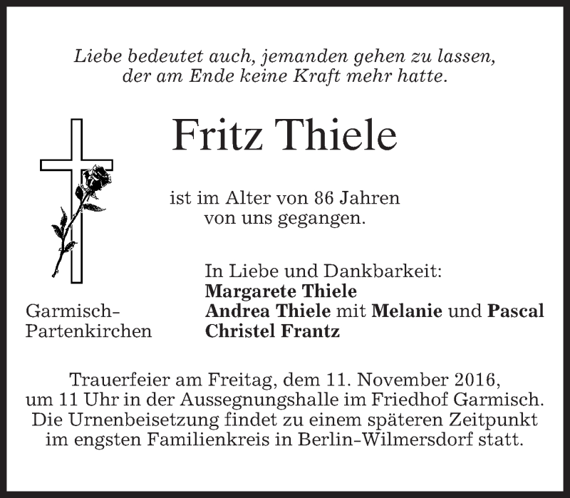  Traueranzeige für Fritz Thiele vom 08.11.2016 aus merkurtz