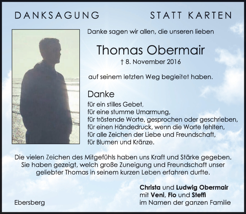  Traueranzeige für Thomas Obermair vom 26.11.2016 aus merkurtz