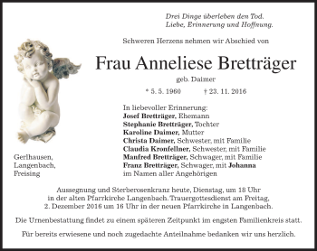 Traueranzeige von Anneliese Bretträger von merkurtz