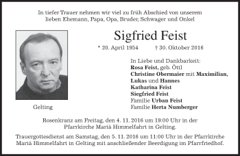Traueranzeige von Sigfried Feist von merkurtz