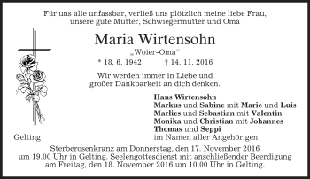 Traueranzeige von Maria Wirtensohn von merkurtz