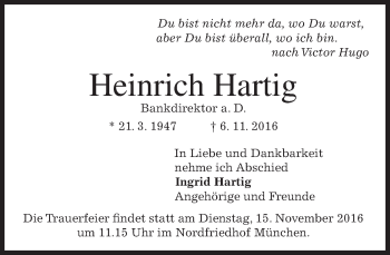 Traueranzeige von Heinrich Hartig von merkurtz