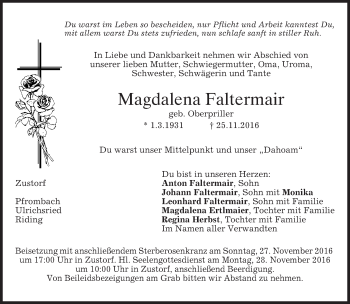 Traueranzeige von Magdalena Faltermair von merkurtz