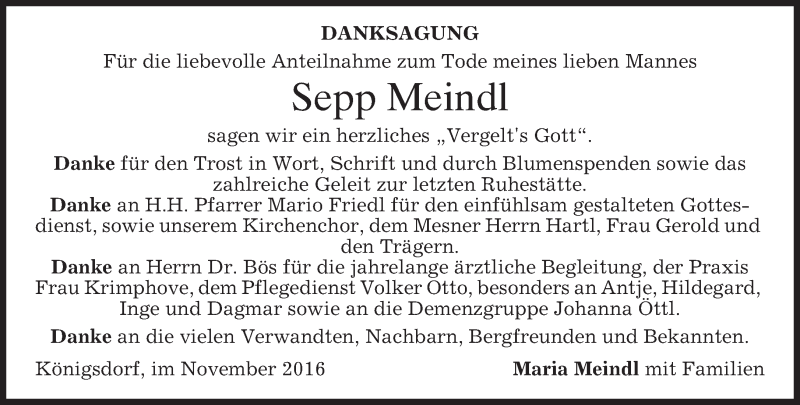  Traueranzeige für Sepp Meindl vom 19.11.2016 aus merkurtz