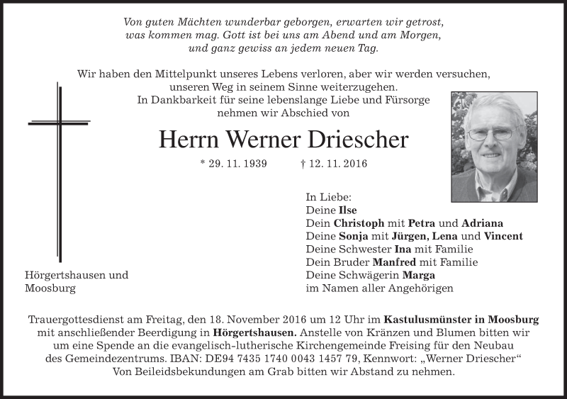  Traueranzeige für Werner Driescher vom 15.11.2016 aus merkurtz