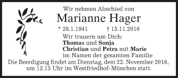 Traueranzeige von Marianne Hager von merkurtz