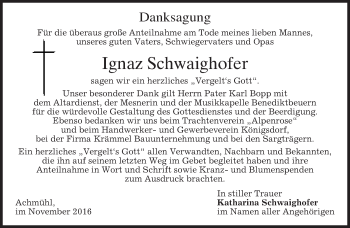 Traueranzeige von Ignaz Schwaighofer von merkurtz
