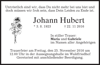 Traueranzeige von Johann Hubert von merkurtz