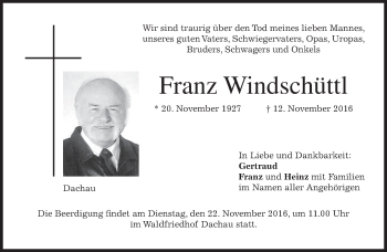 Traueranzeige von Franz Windschüttl von merkurtz