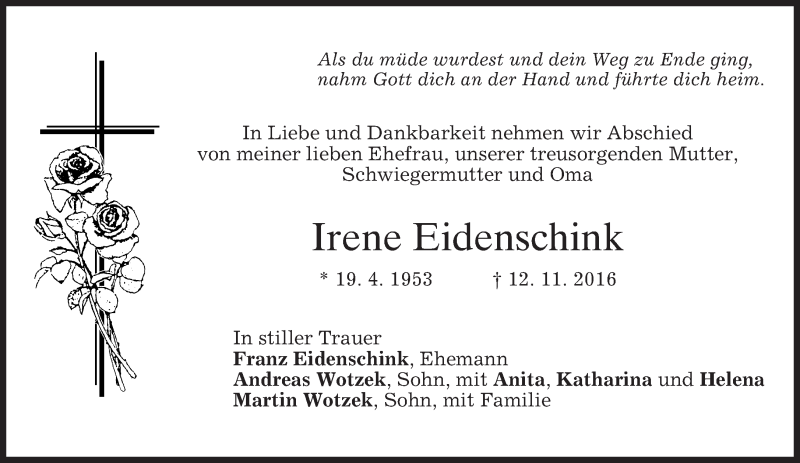  Traueranzeige für Irene Eidenschink vom 15.11.2016 aus merkurtz