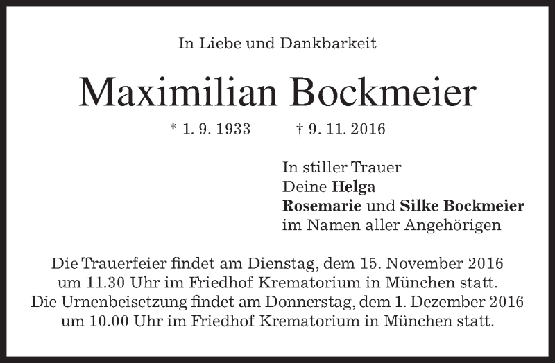  Traueranzeige für Maximilian Bockmeier vom 12.11.2016 aus merkurtz