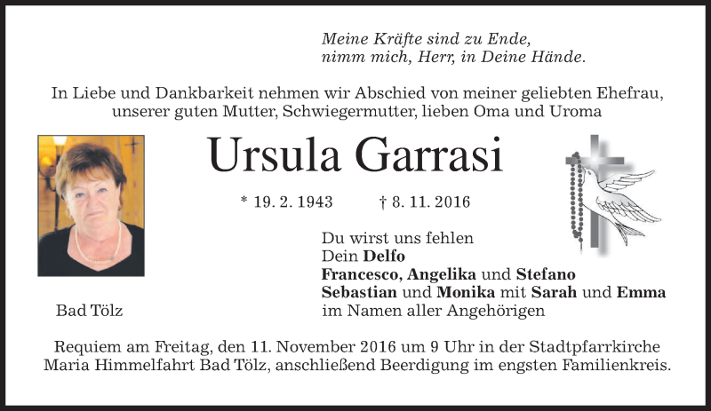  Traueranzeige für Ursula Garrasi vom 10.11.2016 aus merkurtz