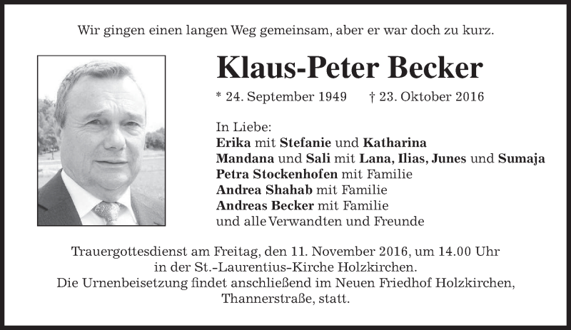 Traueranzeige für Klaus-Peter Becker vom 05.11.2016 aus merkurtz