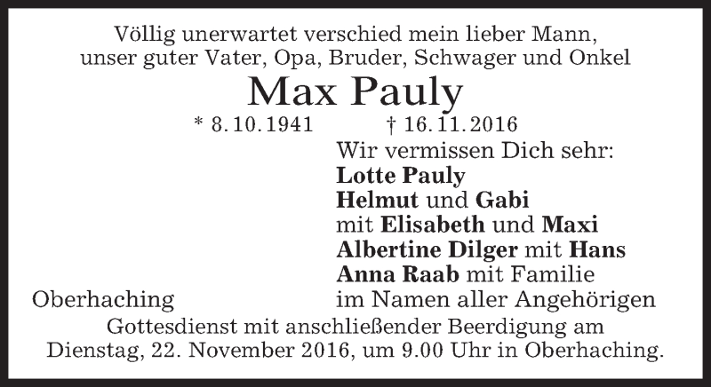  Traueranzeige für Max Pauly vom 17.11.2016 aus merkurtz