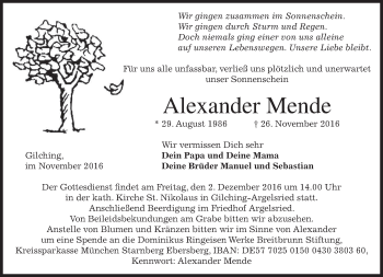 Traueranzeige von Alexander Mende von merkurtz