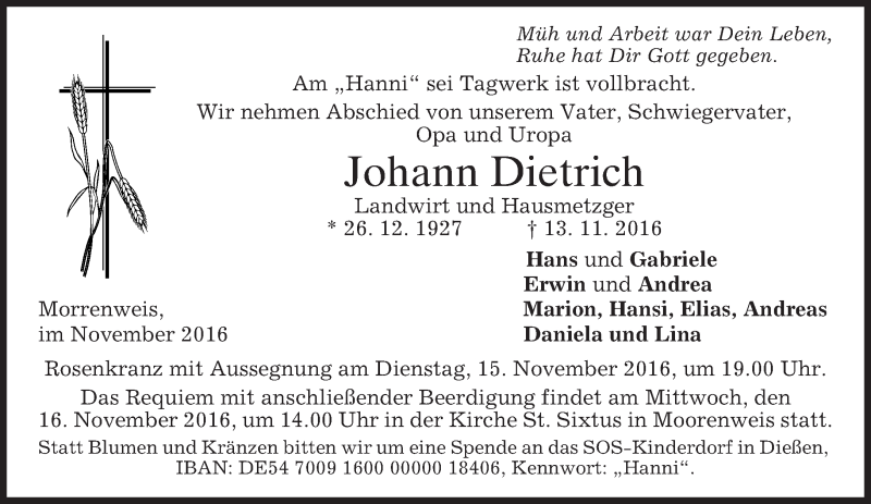  Traueranzeige für Johann Dietrich vom 15.11.2016 aus merkurtz