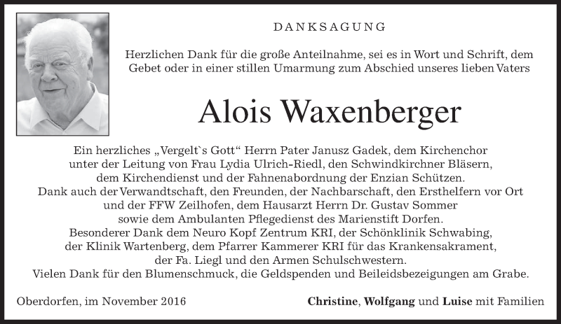  Traueranzeige für Alois Waxenberger vom 05.11.2016 aus merkurtz