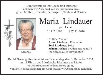 Traueranzeige von Maria Lindauer von merkurtz