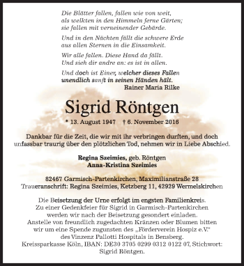 Traueranzeige von Sigrid Röntgen von merkurtz